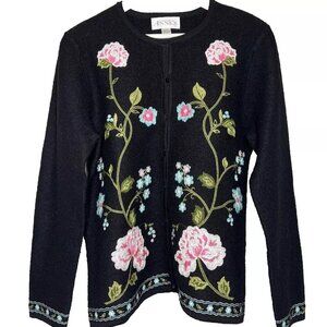 Casual Corner Cardigan L Wool Sweater Vtg Button Floral Embroider Cottage Granny